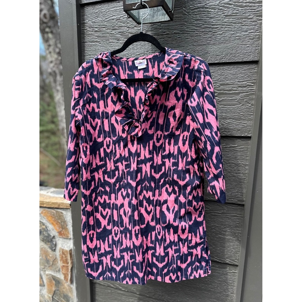 Top It Off Womens Pink Navy Print Tunic 3/4 Sleeve Split V-Neck